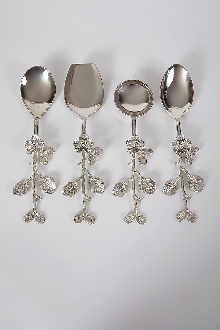 Silver Stainless Steel & Brass Floral Spoon Set (Set of 4) by Assemblage