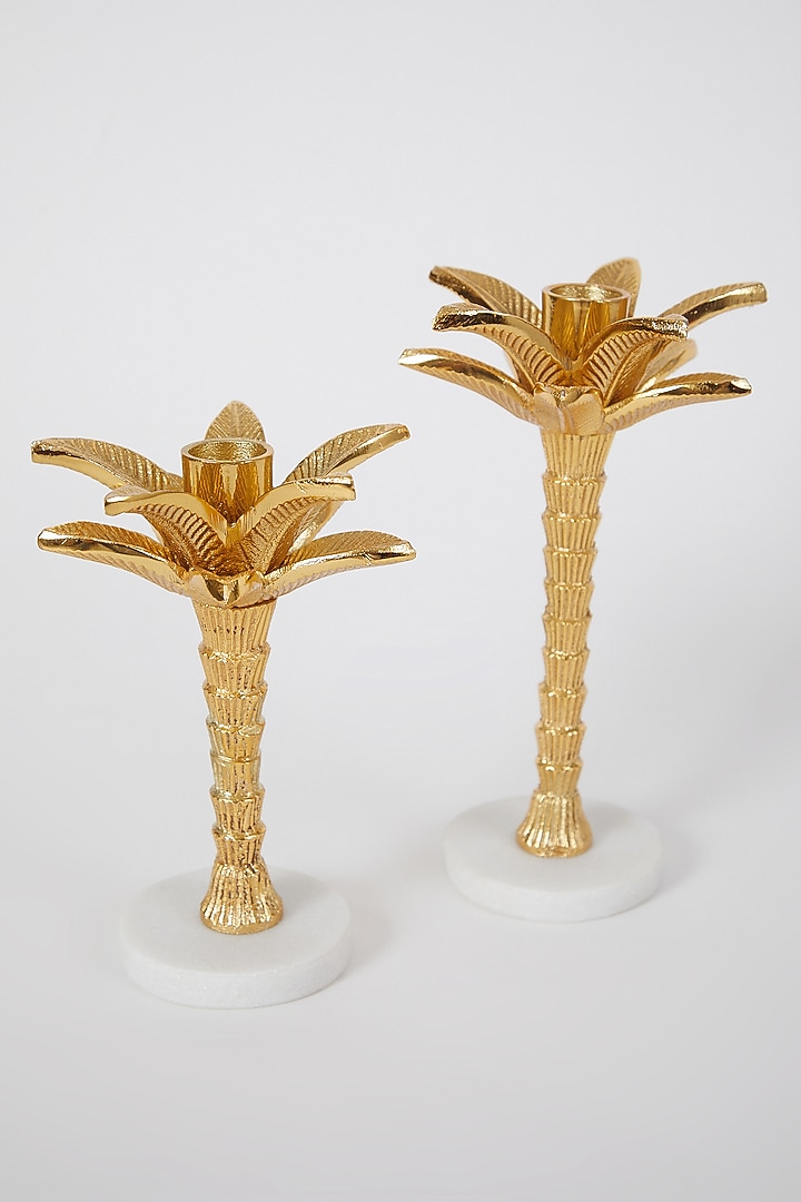 Gold Marble Palm Tree Candle Stand Set (Set of 2) by Assemblage at Pernia's Pop Up Shop