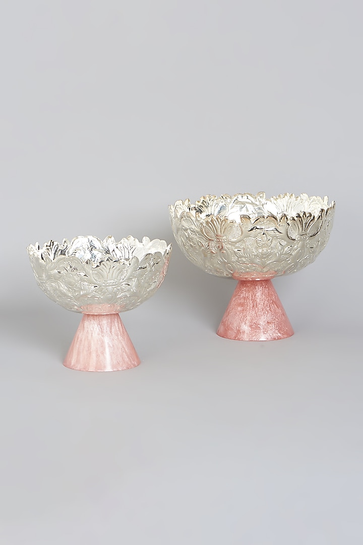 Silver Plated Carved Fruit & Nut Bowl With Pink Pedestal by Assemblage