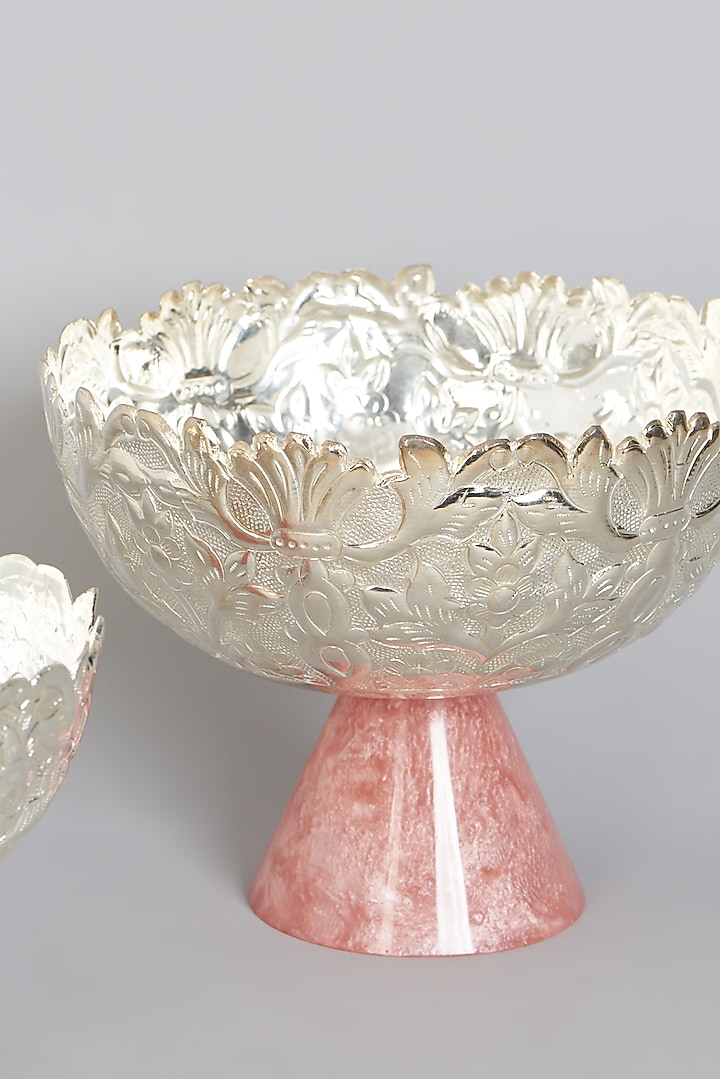 Silver Plated Carved Fruit & Nut Bowl With Pink Pedestal by Assemblage at Pernia's Pop Up Shop