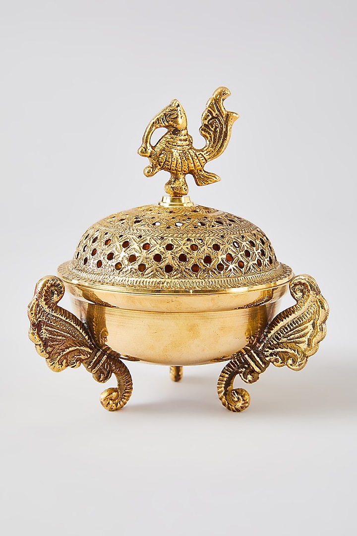 Golden Brass Peacock Loban Holder Bowl by Assemblage