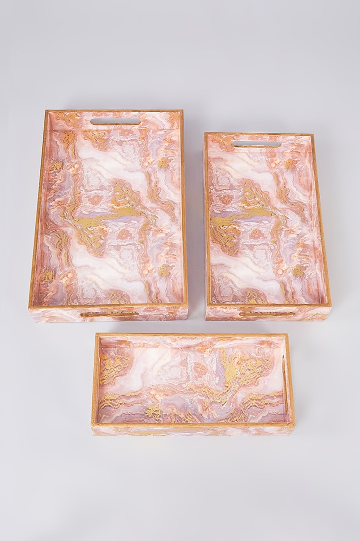 Pink MDF Wooden Marble Printed Tray Set by Assemblage