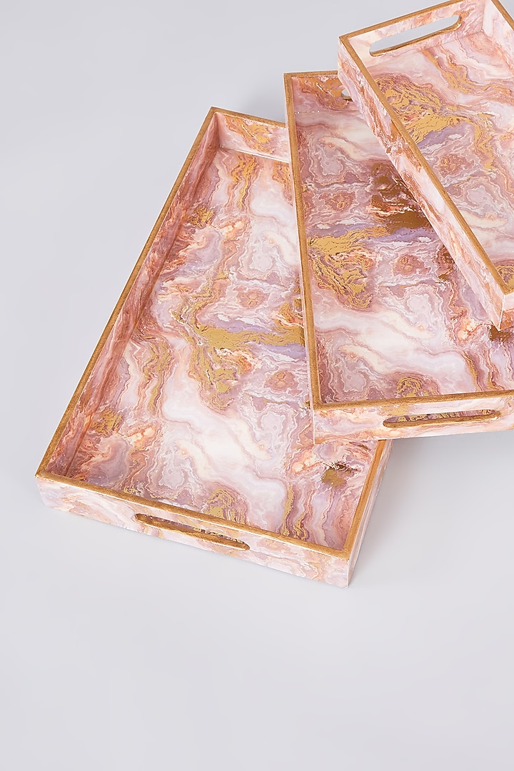 Pink MDF Wooden Marble Printed Tray Set by Assemblage at Pernia's Pop Up Shop