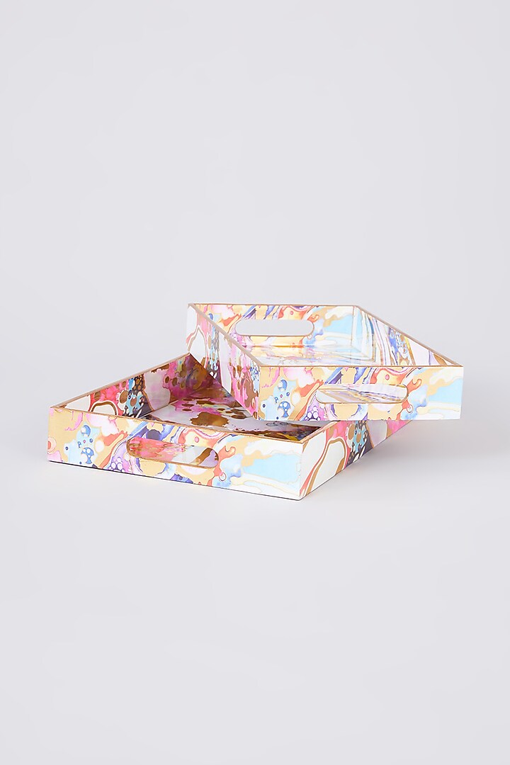 Multi-Colored MDF Wood Marble Printed Tray Set by Assemblage at Pernia's Pop Up Shop