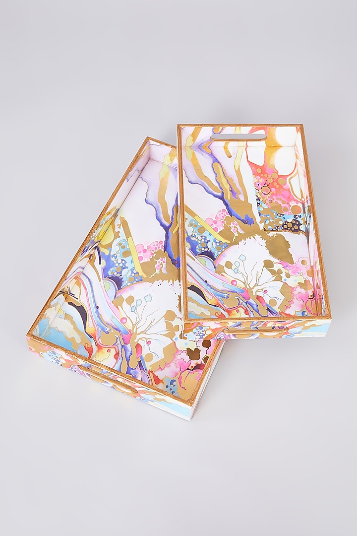 Multi-Colored MDF Wood Marble Printed Tray Set by Assemblage at Pernia's Pop Up Shop