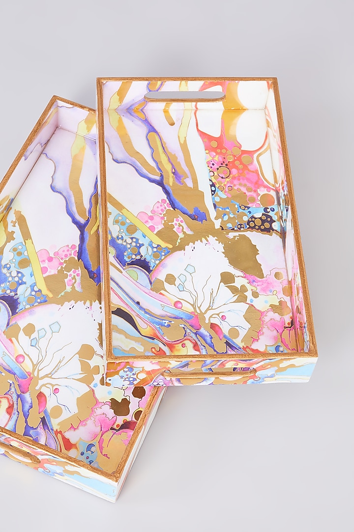 Multi-Colored MDF Wood Marble Printed Tray Set by Assemblage at Pernia's Pop Up Shop