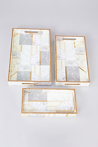 White MDF Wood Stripes Printed Tray Set by Assemblage