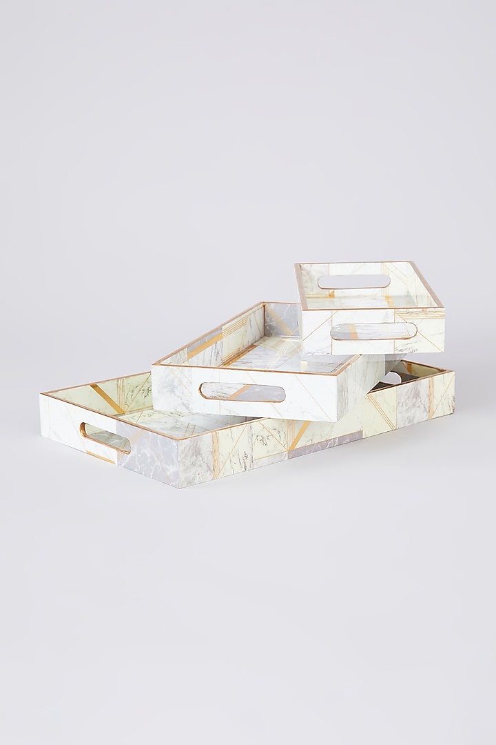 White MDF Wood Stripes Printed Tray Set by Assemblage at Pernia's Pop Up Shop