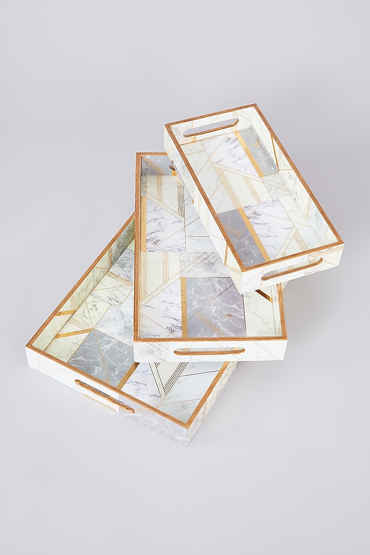 White MDF Wood Stripes Printed Tray Set by Assemblage at Pernia's Pop Up Shop