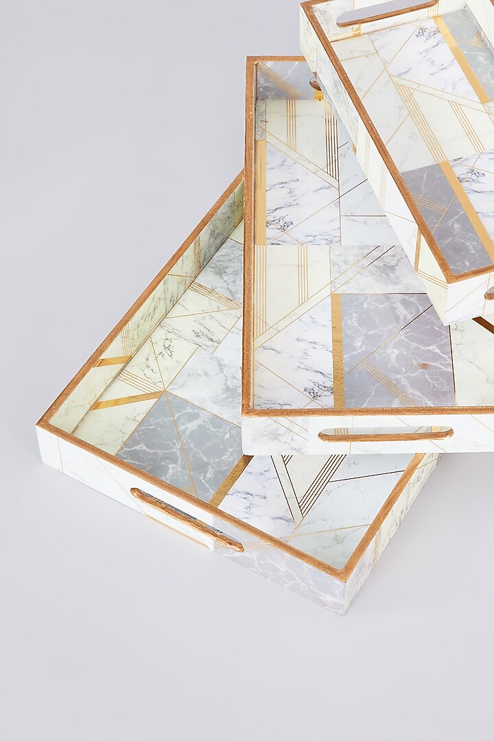 White MDF Wood Stripes Printed Tray Set by Assemblage at Pernia's Pop Up Shop