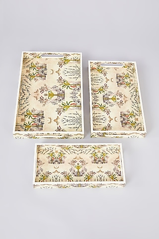 Ivory MDF Wood Tropical Printed Tray Set by Assemblage