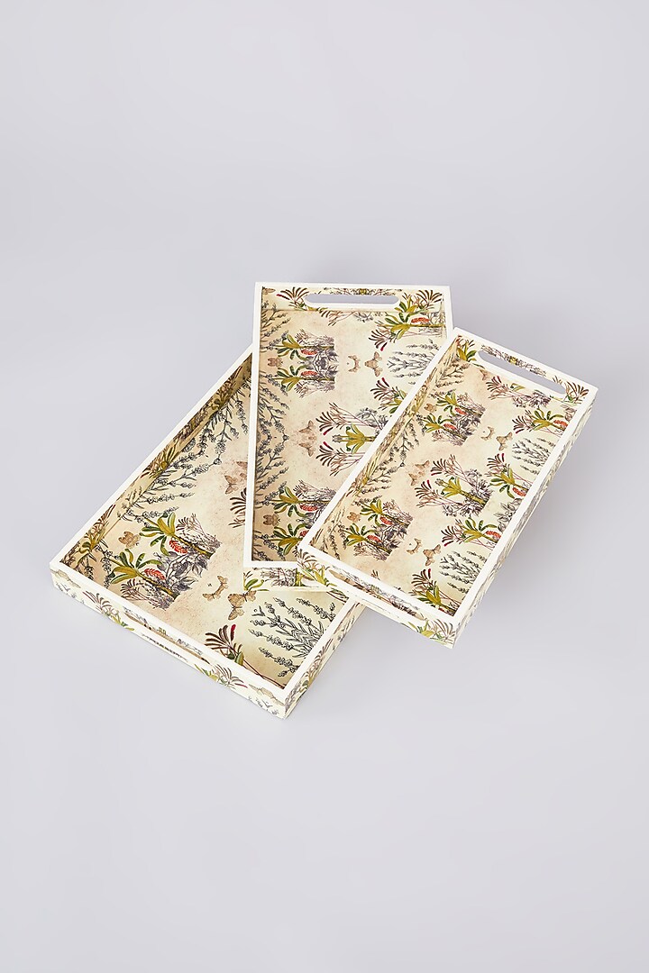 Ivory MDF Wood Tropical Printed Tray Set by Assemblage at Pernia's Pop Up Shop