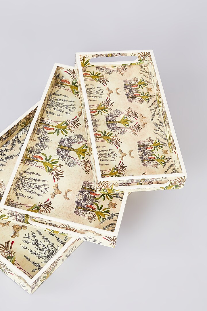 Ivory MDF Wood Tropical Printed Tray Set by Assemblage at Pernia's Pop Up Shop