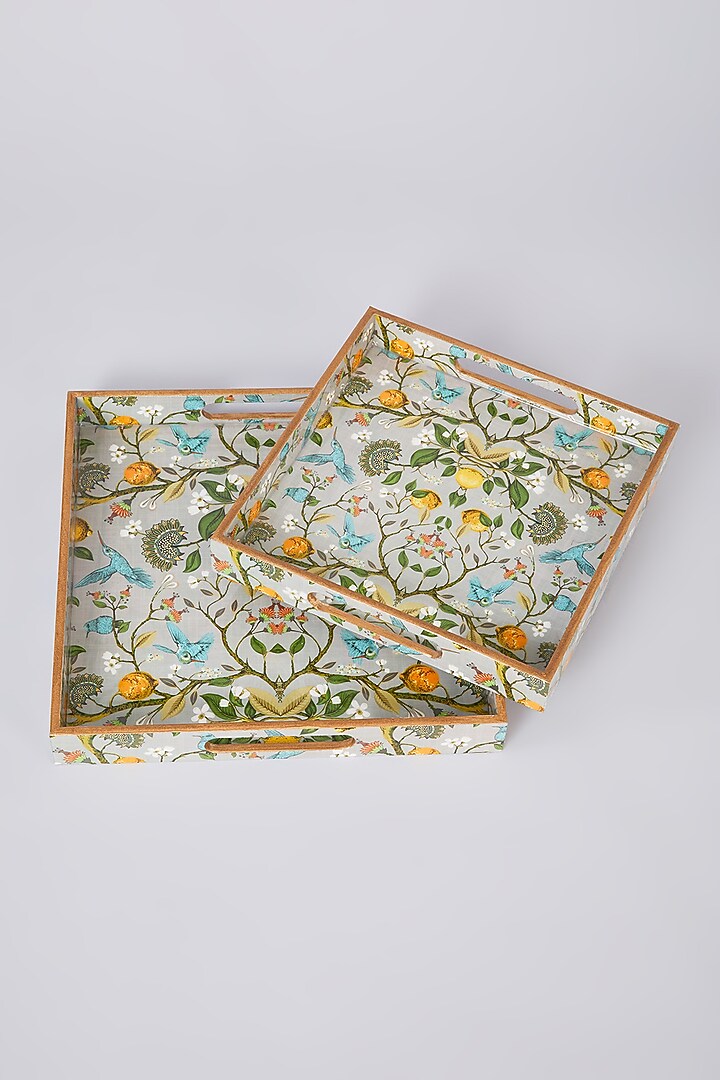 Grey & Yellow MDF Wood Lemon & Bird Printed Tray Set by Assemblage at Pernia's Pop Up Shop