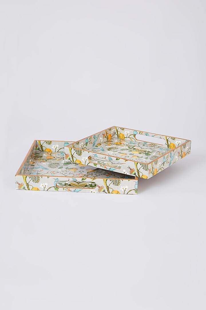Grey & Yellow MDF Wood Lemon & Bird Printed Tray Set by Assemblage at Pernia's Pop Up Shop