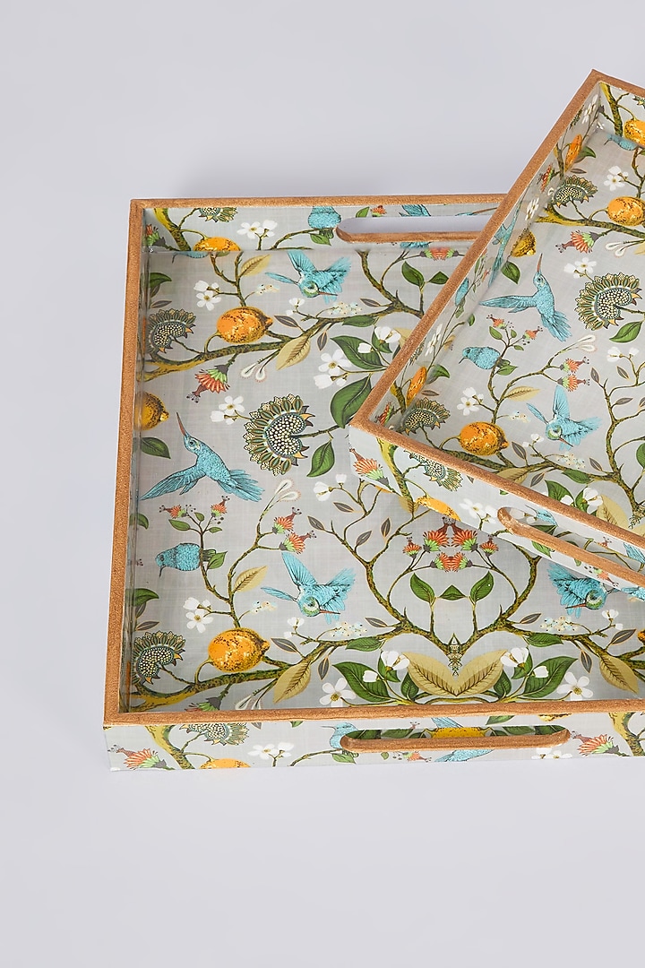 Grey & Yellow MDF Wood Lemon & Bird Printed Tray Set by Assemblage at Pernia's Pop Up Shop