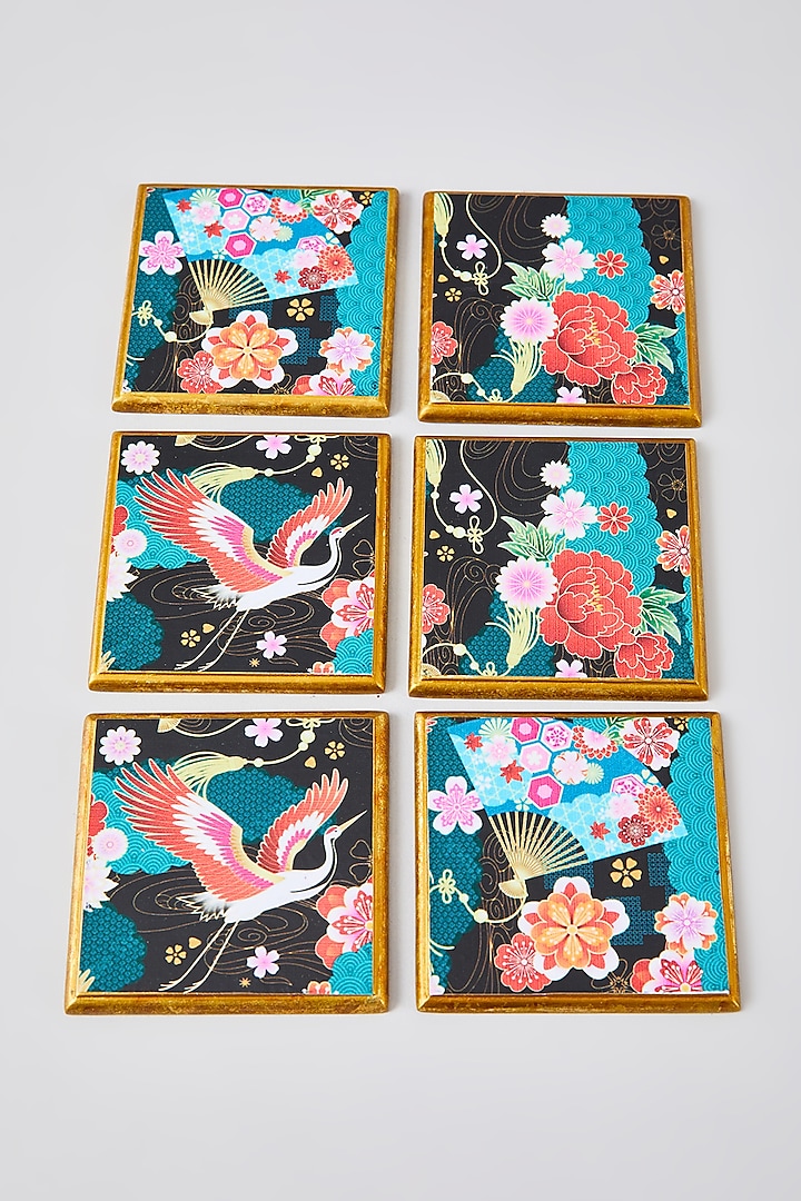 Multi-Colored MDF Wood Floral Printed Coaster Set by Assemblage at Pernia's Pop Up Shop