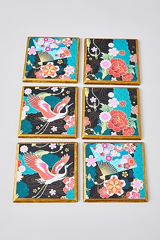 Multi-Colored MDF Wood Floral Printed Coaster Set by Assemblage