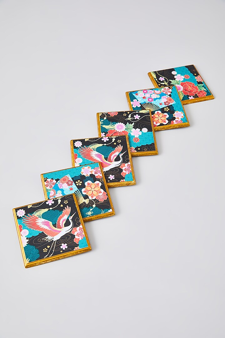 Multi-Colored MDF Wood Floral Printed Coaster Set by Assemblage at Pernia's Pop Up Shop