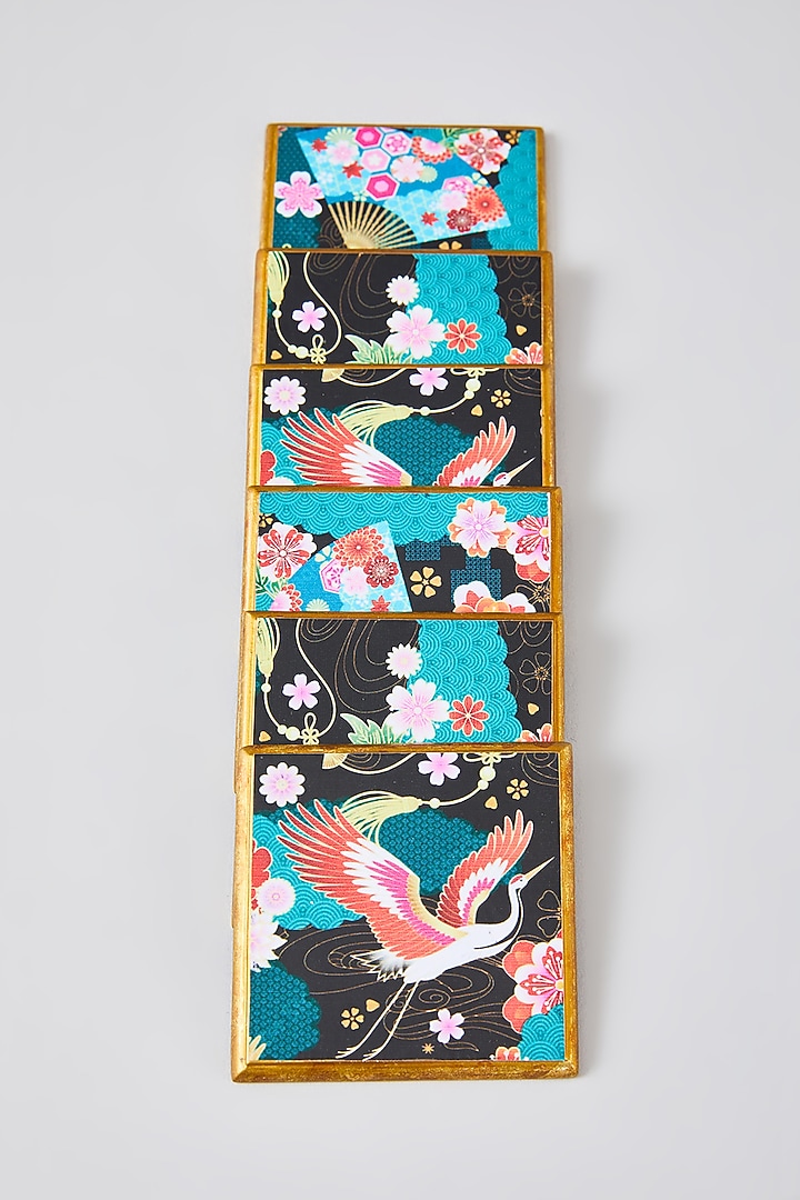 Multi-Colored MDF Wood Floral Printed Coaster Set by Assemblage at Pernia's Pop Up Shop