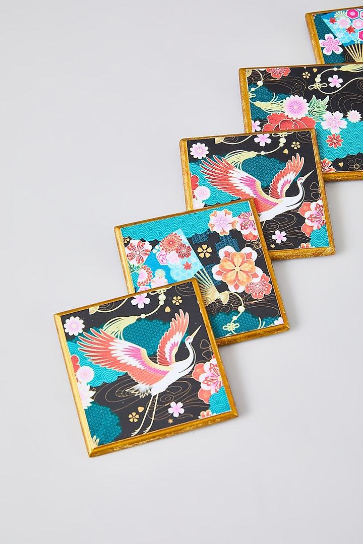 Multi-Colored MDF Wood Floral Printed Coaster Set by Assemblage at Pernia's Pop Up Shop