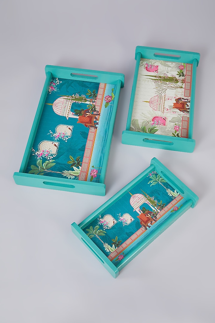 Turquoise Green MDF Wood Elephant Printed Tray Set by Assemblage