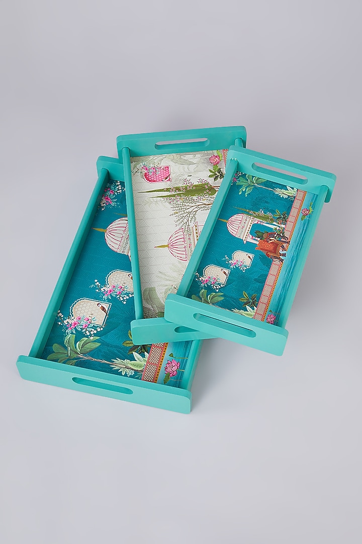 Turquoise Green MDF Wood Elephant Printed Tray Set by Assemblage at Pernia's Pop Up Shop