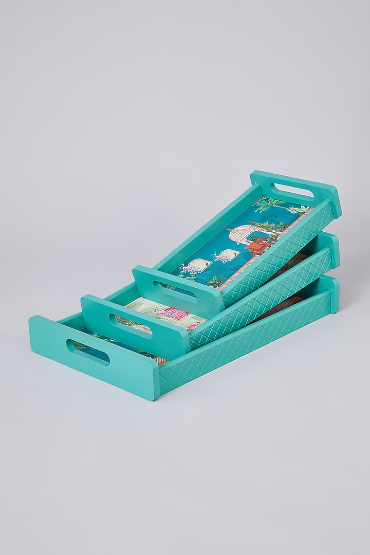 Turquoise Green MDF Wood Elephant Printed Tray Set by Assemblage at Pernia's Pop Up Shop