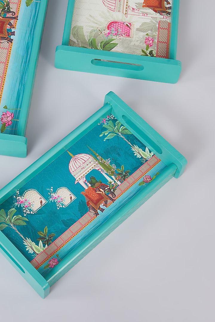 Turquoise Green MDF Wood Elephant Printed Tray Set by Assemblage at Pernia's Pop Up Shop