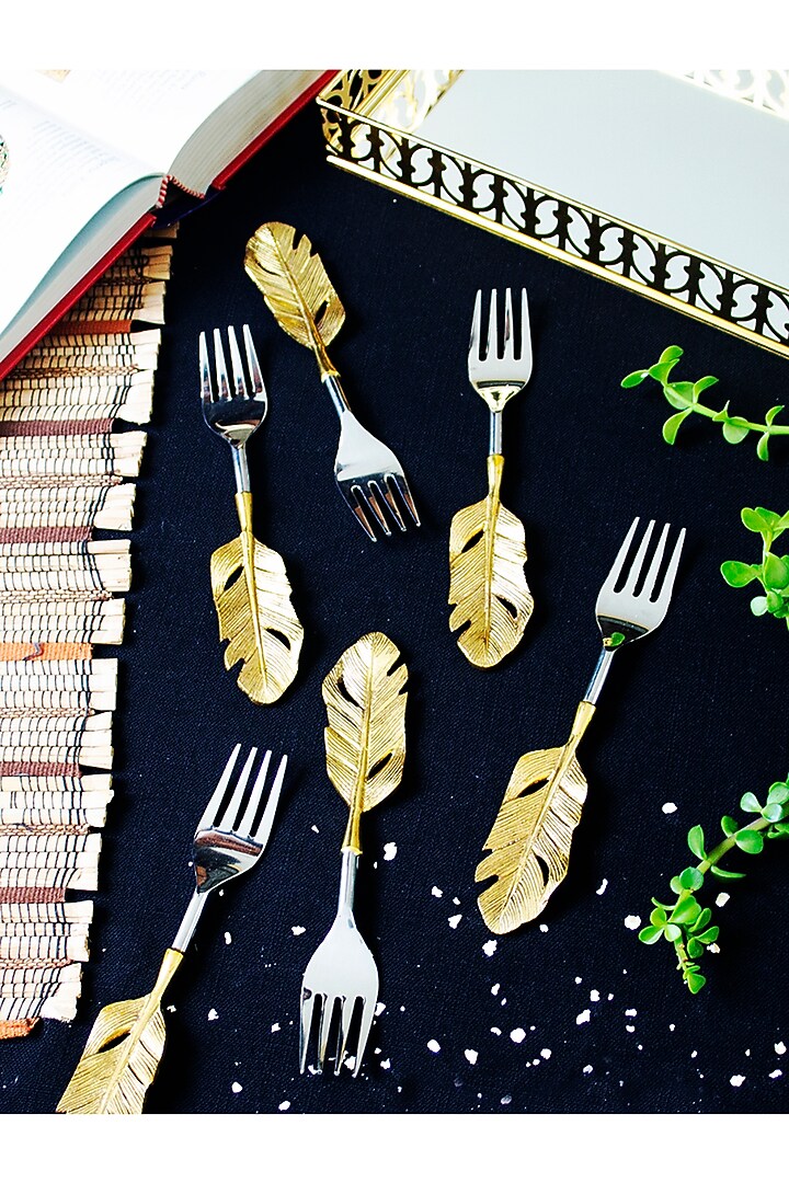 Vintage Gold & Silver Feather Forks (Set of 6) by Assemblage at Pernia's Pop Up Shop