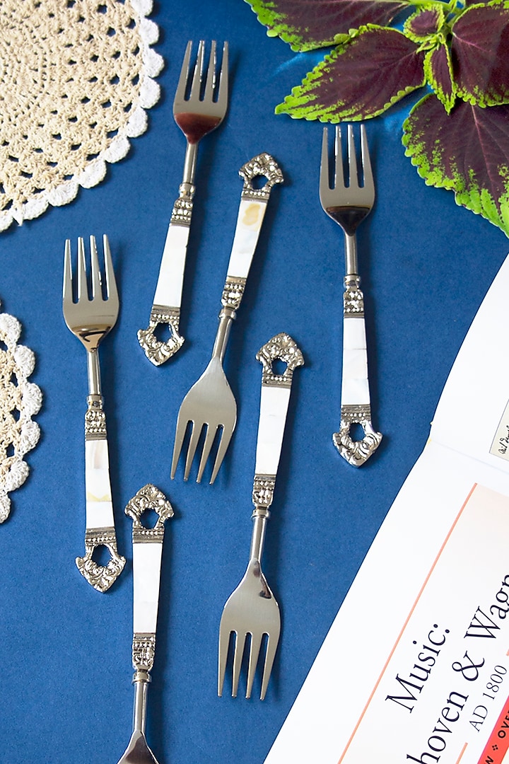 Ivory & Silver Mother of Pearl Taj Forks (Set of 6) by Assemblage
