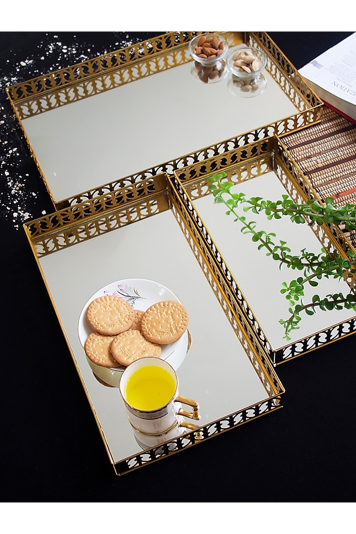 Gold & Silver Ravishing Rectangular Mirror Trays (Set of 3) by Assemblage