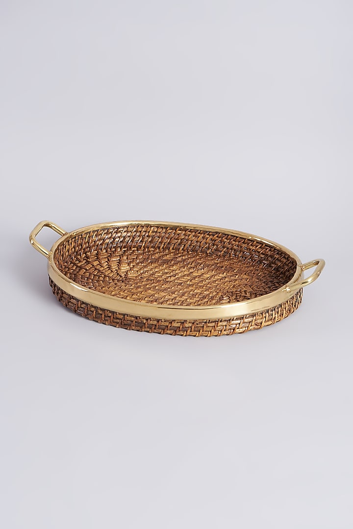 Brown Cane & Brass Wicker Basket Tray by Assemblage