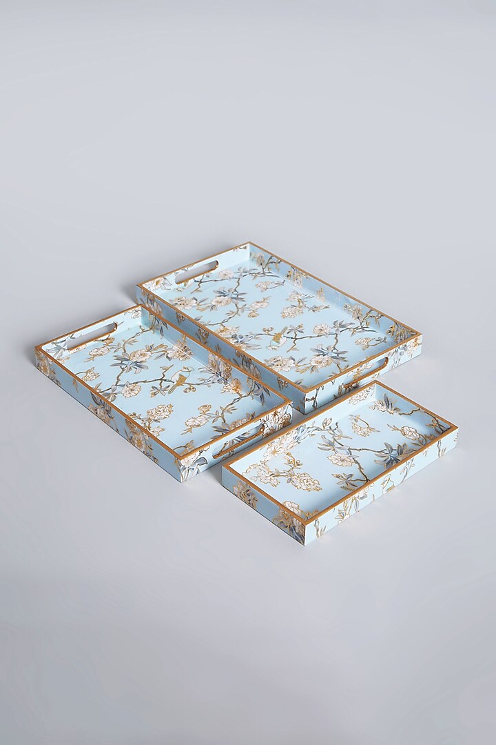 Azure & Gold MDF Wood Decorative Tray (Set Of 3) by Assemblage