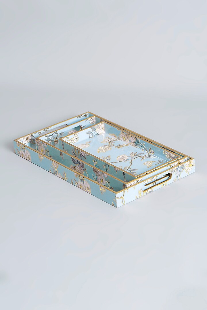 Azure & Gold MDF Wood Decorative Tray (Set Of 3) by Assemblage at Pernia's Pop Up Shop