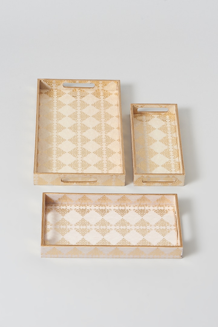 Beige Gold MDF Wood Tray Set (Set Of 3) by Assemblage