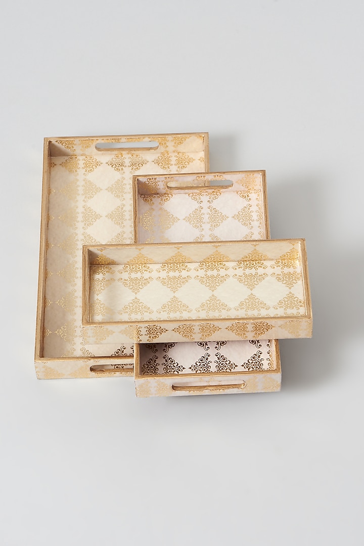 Beige Gold MDF Wood Tray Set (Set Of 3) by Assemblage at Pernia's Pop Up Shop