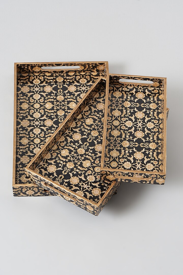 Persian Black & Gold MDF Wood Decorative Tray (Set Of 3) by Assemblage at Pernia's Pop Up Shop