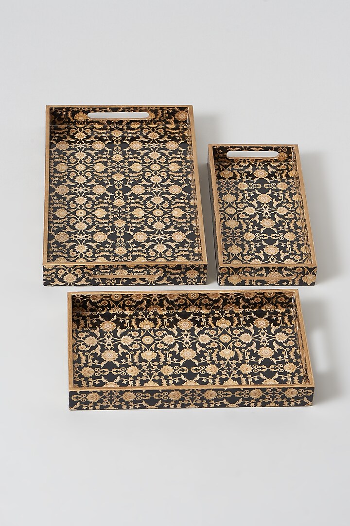 Persian Black & Gold MDF Wood Decorative Tray (Set Of 3) by Assemblage at Pernia's Pop Up Shop
