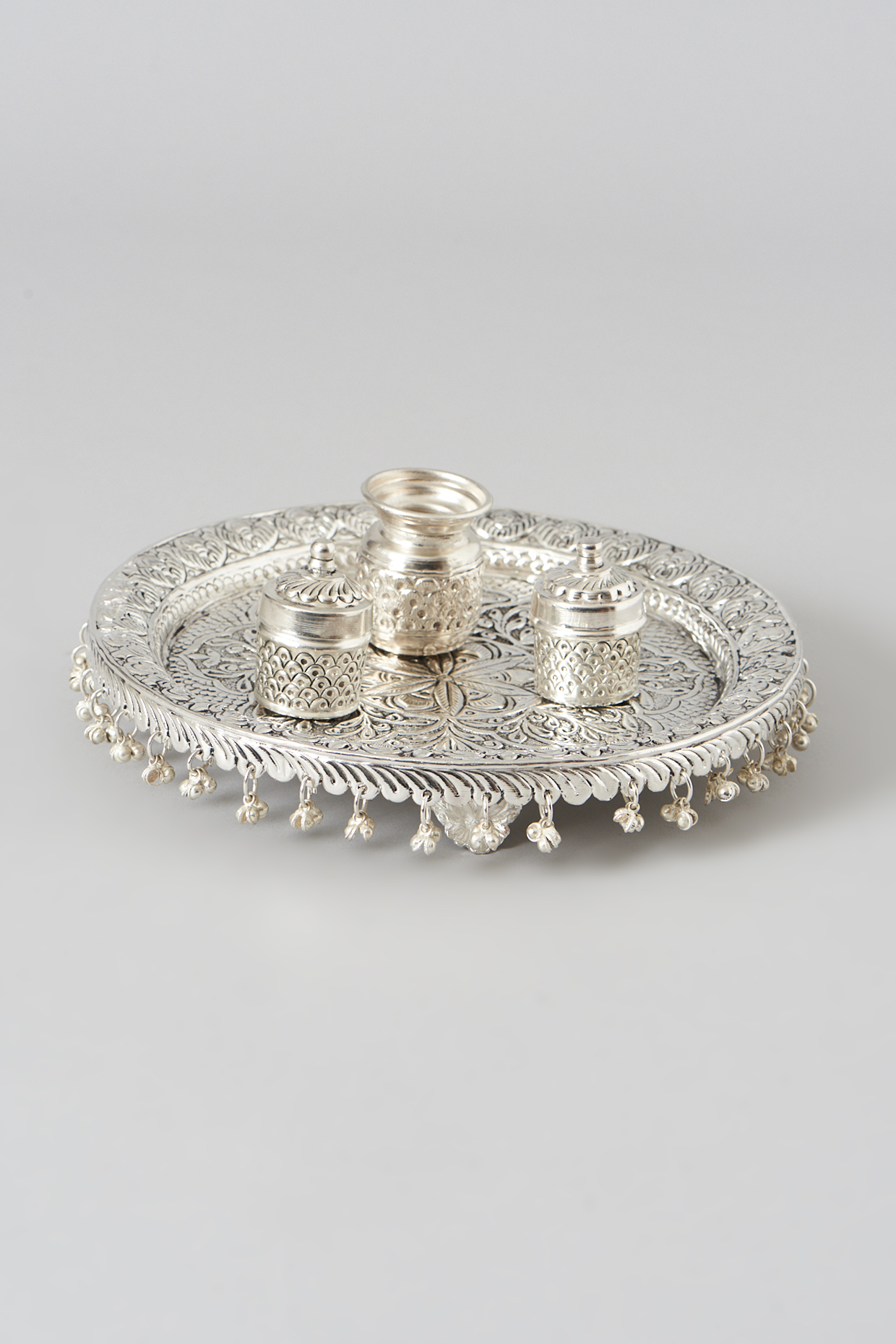 Antique Silver White Metal Aarti Thali Set (Set of 4) by Assemblage