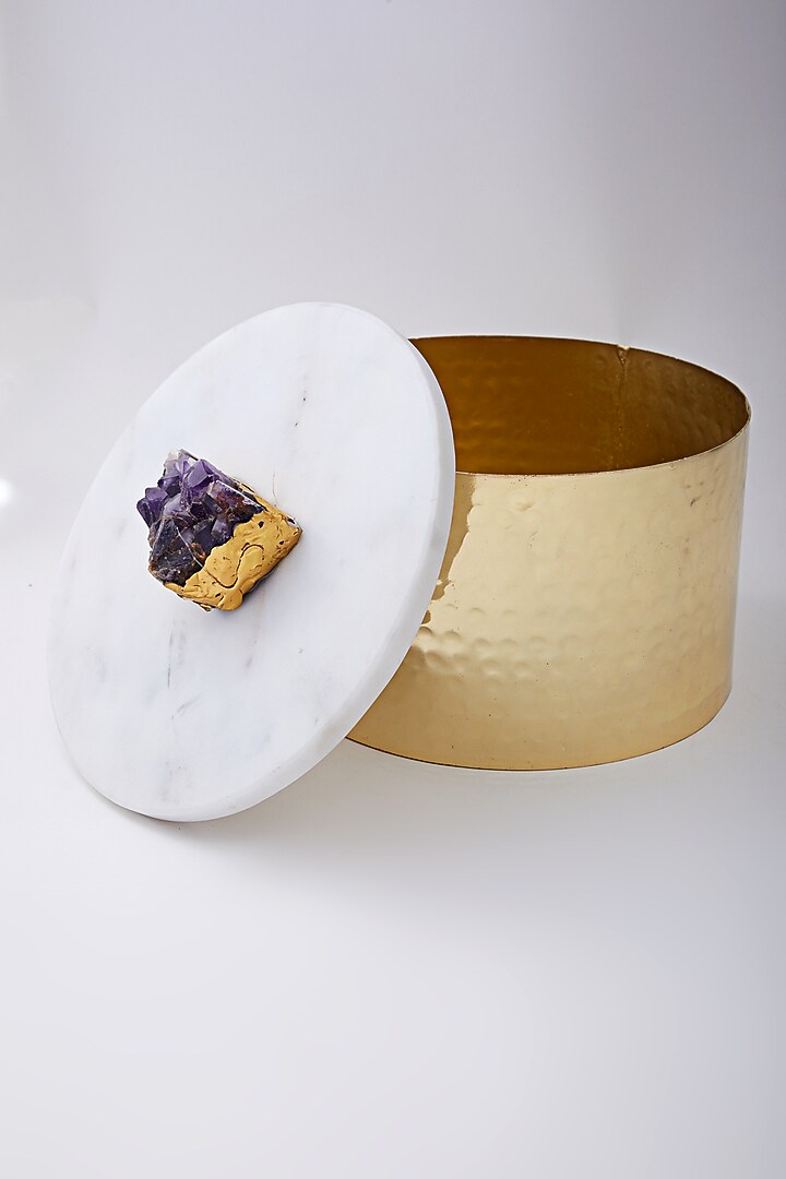Gold Metal Box With Amethyst and Marble Lid by Assemblage at Pernia's Pop Up Shop
