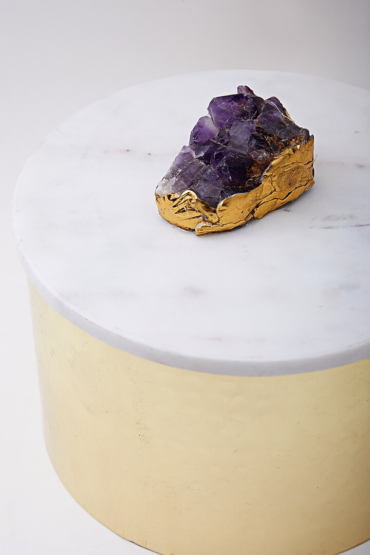 Gold Metal Box With Amethyst and Marble Lid by Assemblage at Pernia's Pop Up Shop