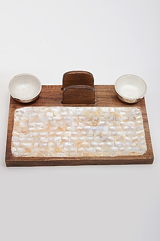 Brown Mango Wood & Mother of Pearl Platter by Assemblage