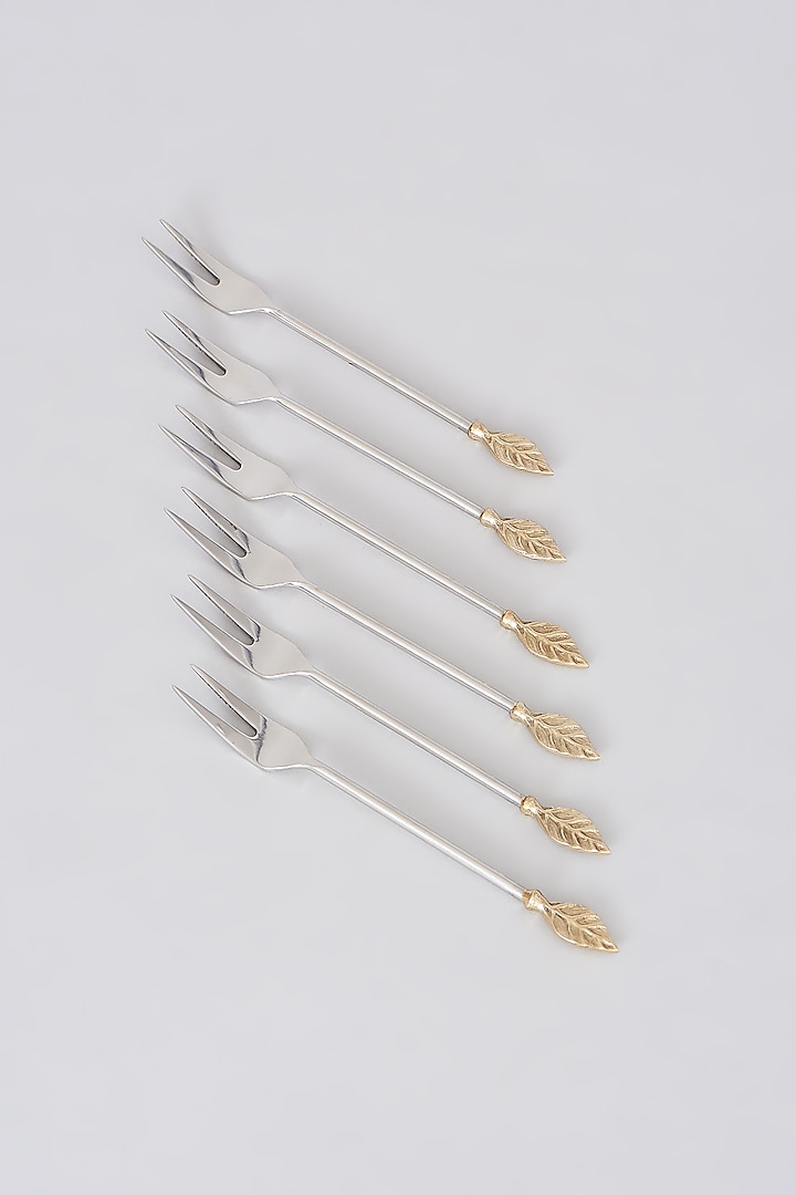 Gold Brass Palm Leaf Fruit Forks (Set of 6) by Assemblage