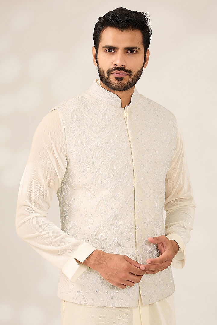 Off-White Cotton Silk Blend Thread & Pearl Embroidered Nehru Jacket by Ashish N Soni Men