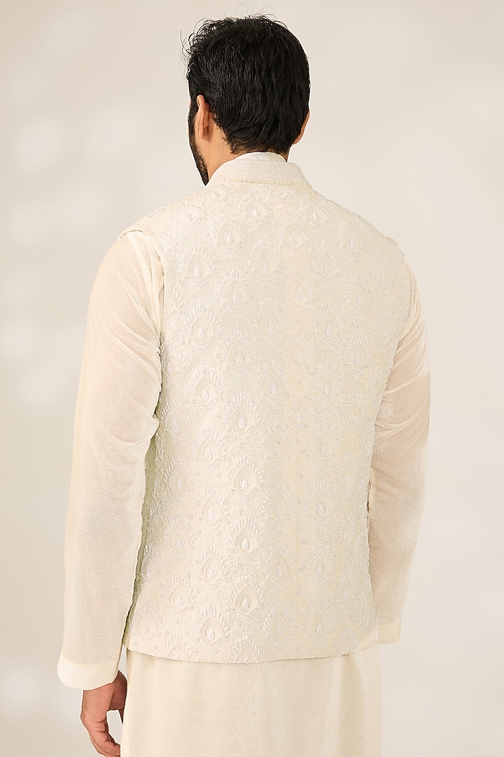 Off-White Cotton Silk Blend Thread & Pearl Embroidered Nehru Jacket by Ashish N Soni Men at Pernia's Pop Up Shop