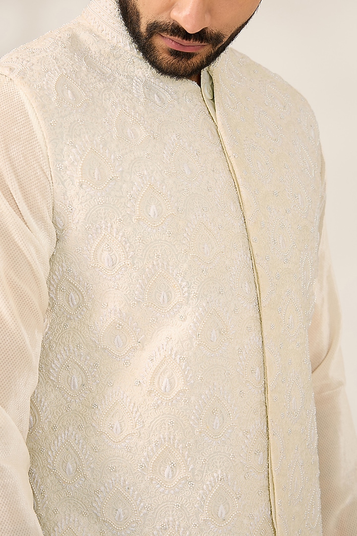Off-White Cotton Silk Blend Thread & Pearl Embroidered Nehru Jacket by Ashish N Soni Men at Pernia's Pop Up Shop