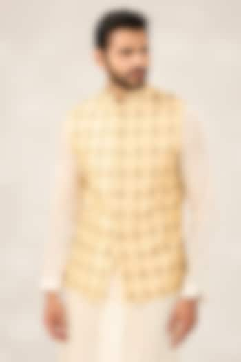 Cream Blended Silk Embroidered Nehru Jacket by Ashish N Soni Men