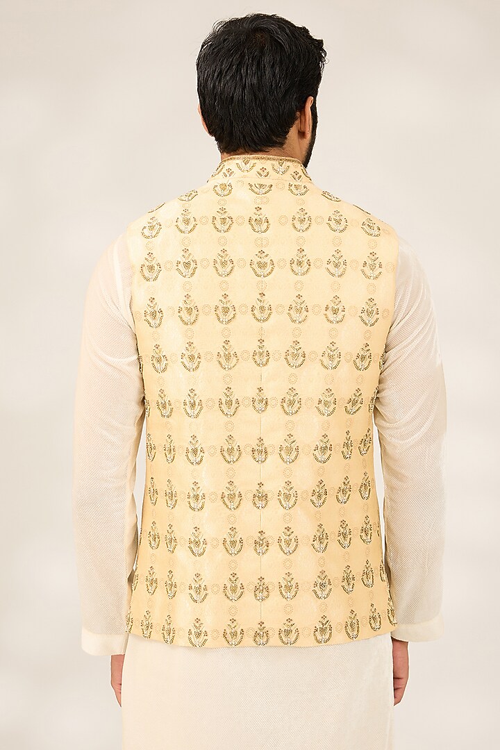 Cream Blended Silk Embroidered Nehru Jacket by Ashish N Soni Men at Pernia's Pop Up Shop