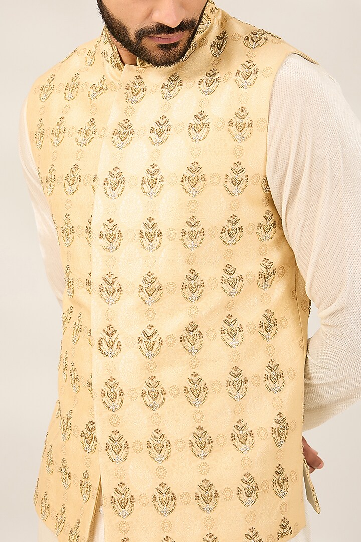 Cream Blended Silk Embroidered Nehru Jacket by Ashish N Soni Men at Pernia's Pop Up Shop